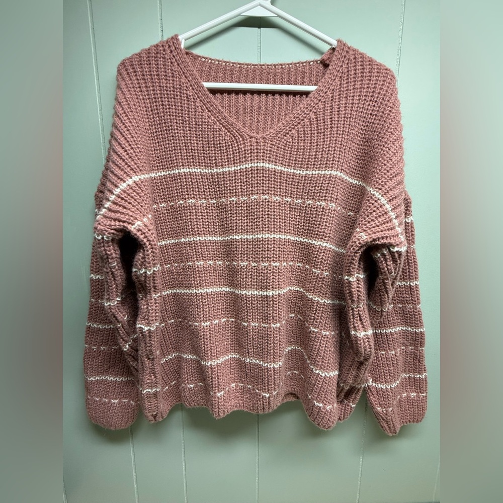 Women's Dusty Rose Striped V-Neck Sweater